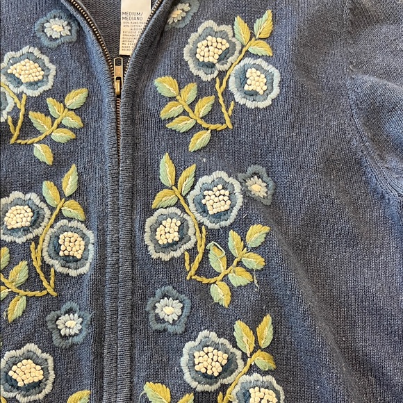 Embroidered Zip-Front Cardigan Sweater in Denim Blue - Picture 3 of 9